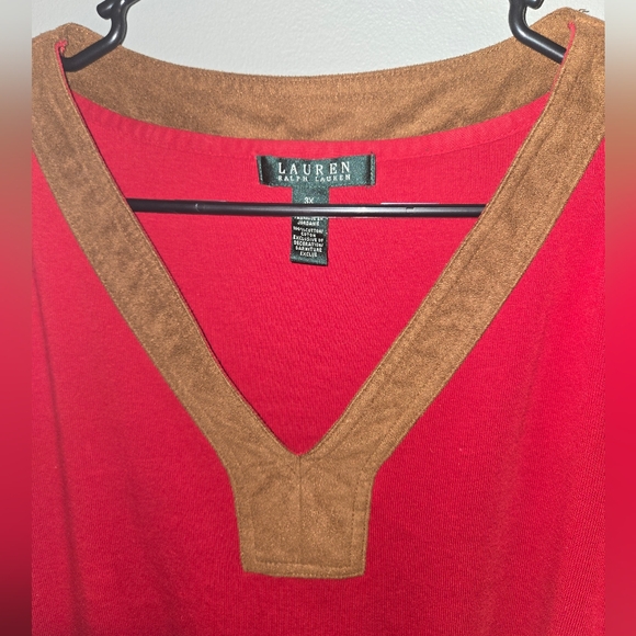 Women's Lauren Ralph Lauren Red Blouse, v-neck, side slits, faux suede trim, 3X - Picture 3 of 8